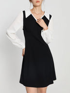 DUSHU Women Autumn Long SLeeve Dresses Office Lady Temperament Polo Neck A-LINE Long Dress Fake Two Patchwork Dress 24DS83358