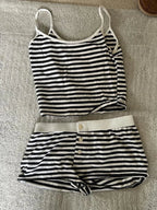 Blue Striped Tank Shorts Pajama Set Women Summer Sleeveless Crop Top+Elastic Waist Straight Short Pant Cotton Home 2 Piece Sets