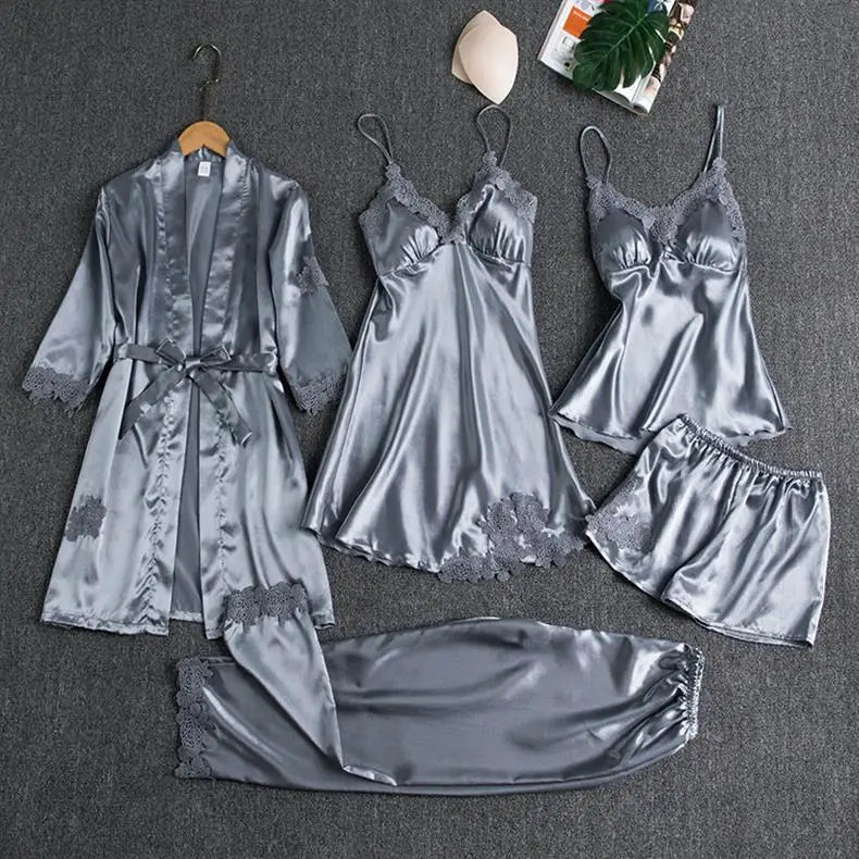 5PCS Women's Ice Silk Sexy Pajama Set Breathable Lace Satin Pajama Bathrobe Five Piece Set Casual Home Clothes Spring and Summer