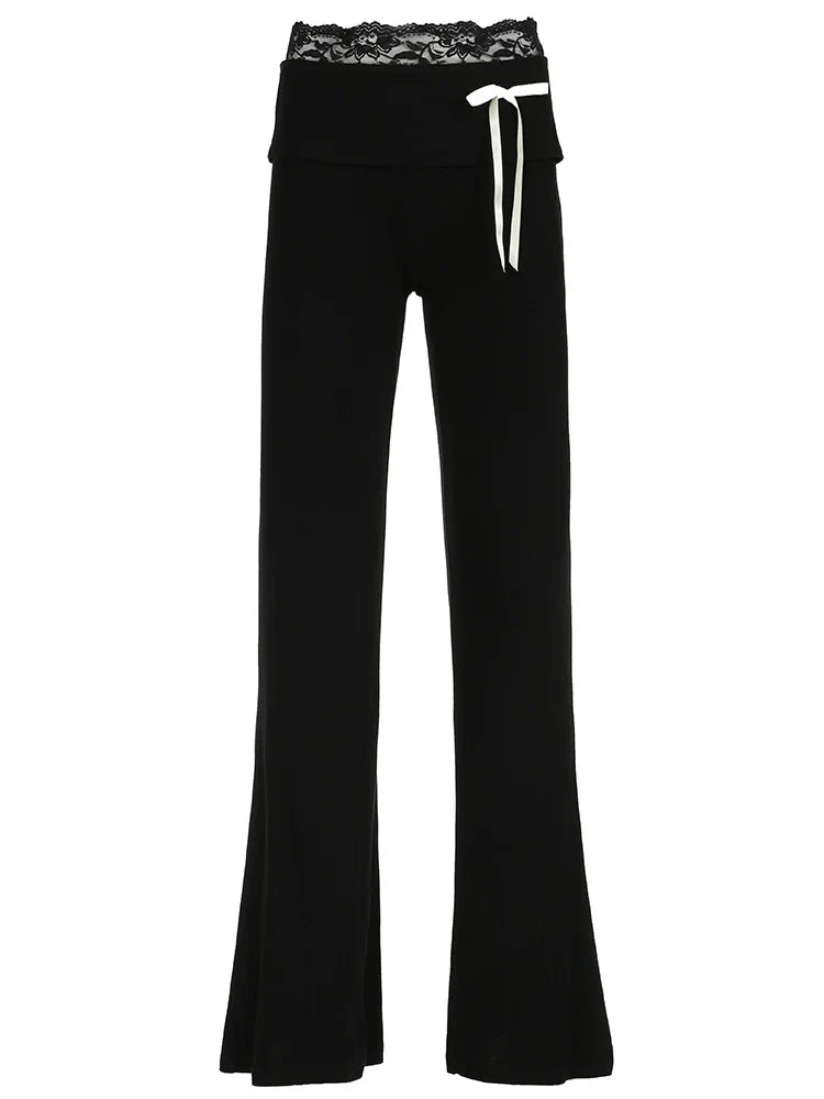 Cuteandpsycho Lace Patchwork Bow Straight Pants Y2K Fashion Aesthetic Cute Trousers Harajuku Streetwear Joggers 2000s Bottoms