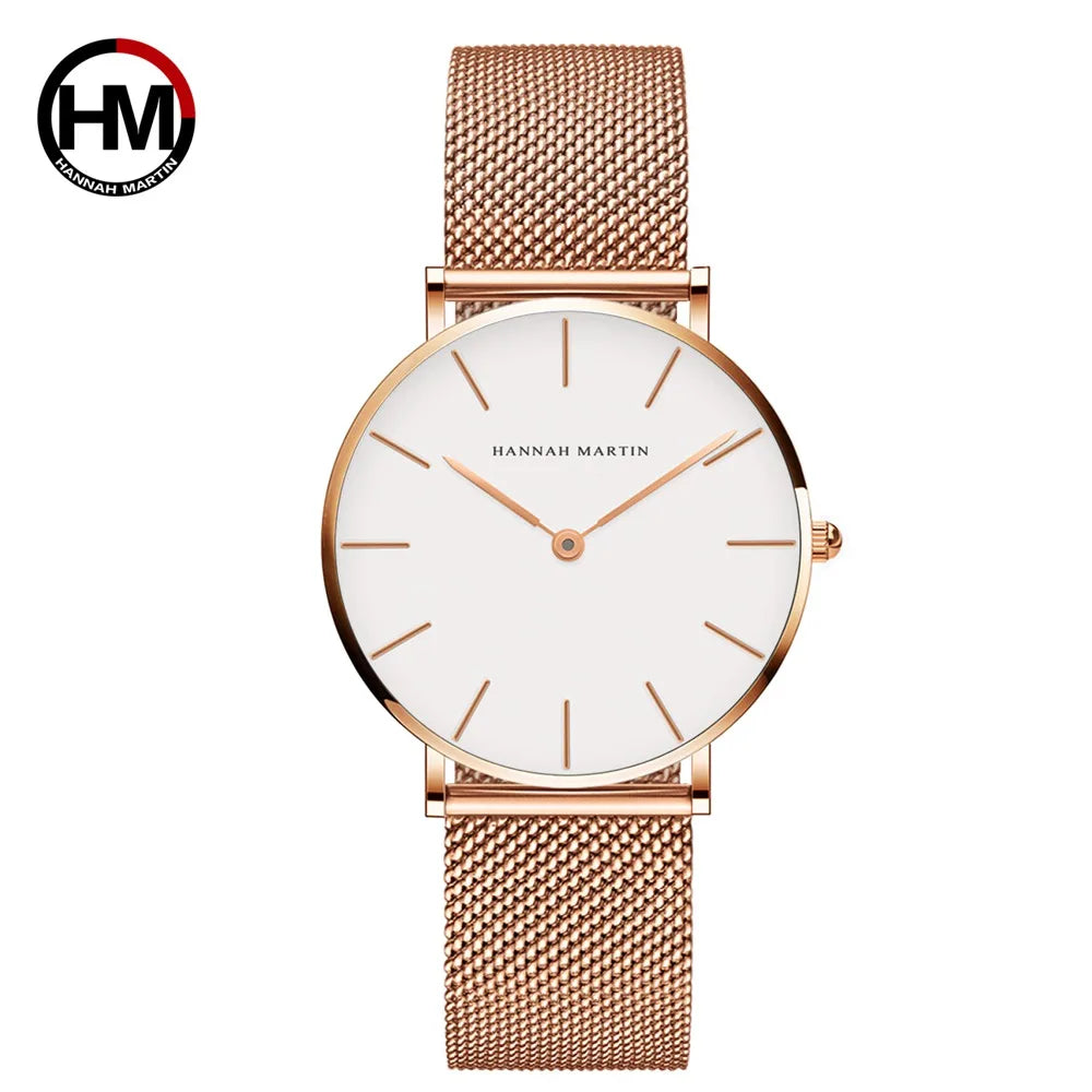 HANNAH MARTIN Brand Classic Women Quartz Watch 36mm Rose Gold Stainless Steel Mesh Strap Japanese Movement Girl Gift Wrist Watch