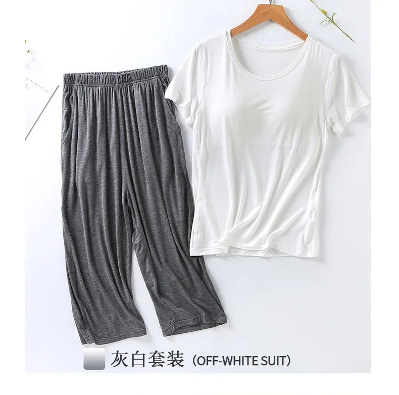 2025 summer new ladies modal pajamas two-piece suit with chest pad short-sleeved cropped trousers plus size home service set
