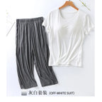 2025 summer new ladies modal pajamas two-piece suit with chest pad short-sleeved cropped trousers plus size home service set