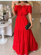 2025 Summer Solid Boho Dress Women Fashion Elegant Beach Party Dress Casual Slash Neck Office Maxi Dresses For Woman Robe Femme