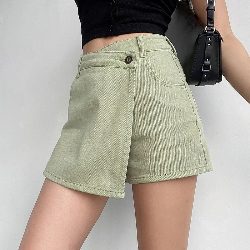 Elegant Slimming High-waisted A- line Denim Shorts Women's Summer New 2023 Light Color Two-piece Illusion Design Slim Fit
