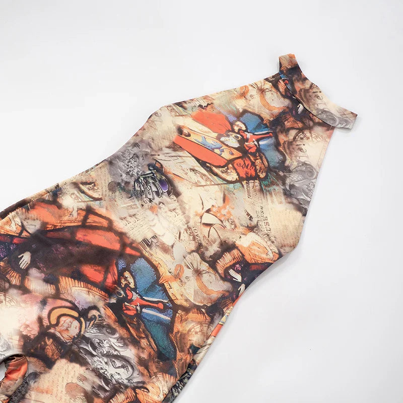 CUTENOVA Women'S Full-Body Printed Hanging Neck Big Backless Skinny Five-Point Jumpsuit Sexy Fashion Street Trend Jumpsuit