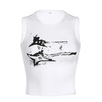 Guitar Print Sleeveless Tank Top Y2K Casual Ribbed Women Grunge Crop Top Harajuku Fashion Vest Tee 90s Street Outfits