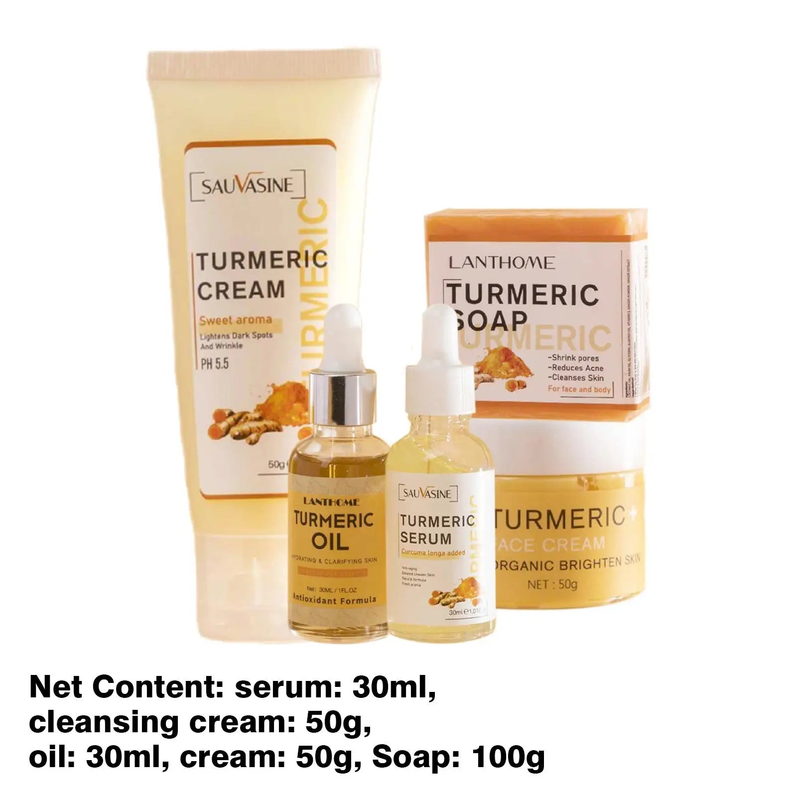 5 Piece Set Turmeric Facial Care Acne Cleansing Cream,Anti-Aging Serum,Dark Spot Moisturizer Fade Spots for Radiant Skin Care