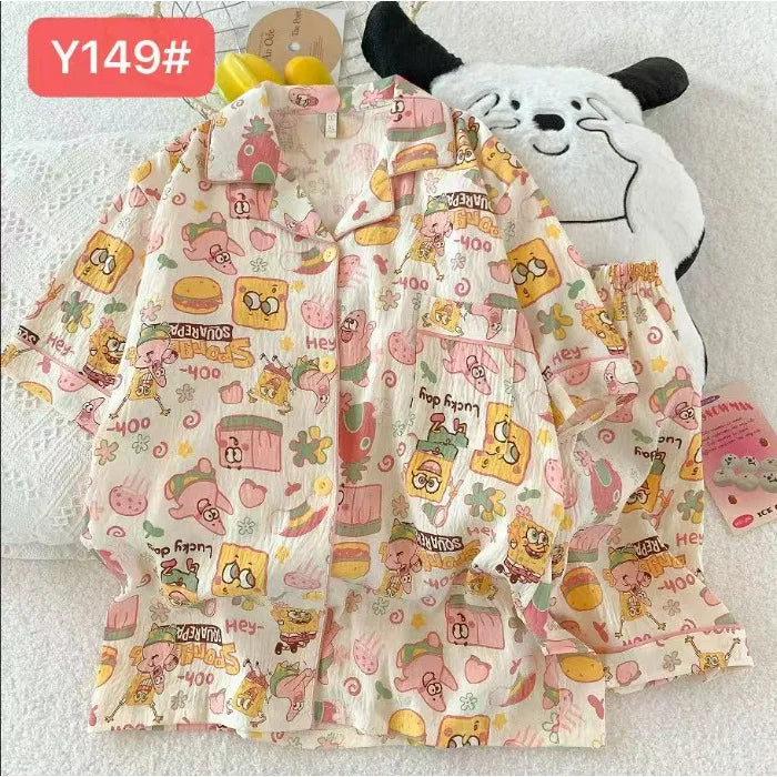 Cute Pink Cloud Cotton Spwear Bear Print Home Clothes Long Sve ort Sve Women's Comfortable Home Suit Summer Thin
