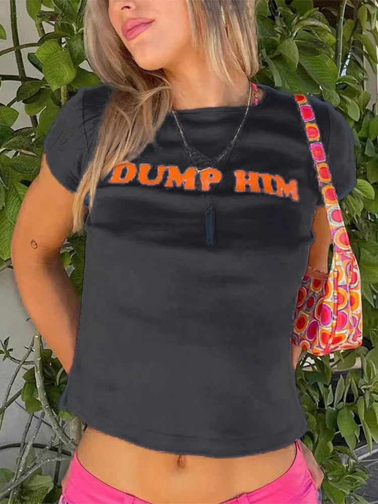 Cute 2000s Aesthetics Letter Print Blue Baby Tees Y2K Streetwear O-neck Short Sleeve Crop Tops Women Fashion 2023 Slim