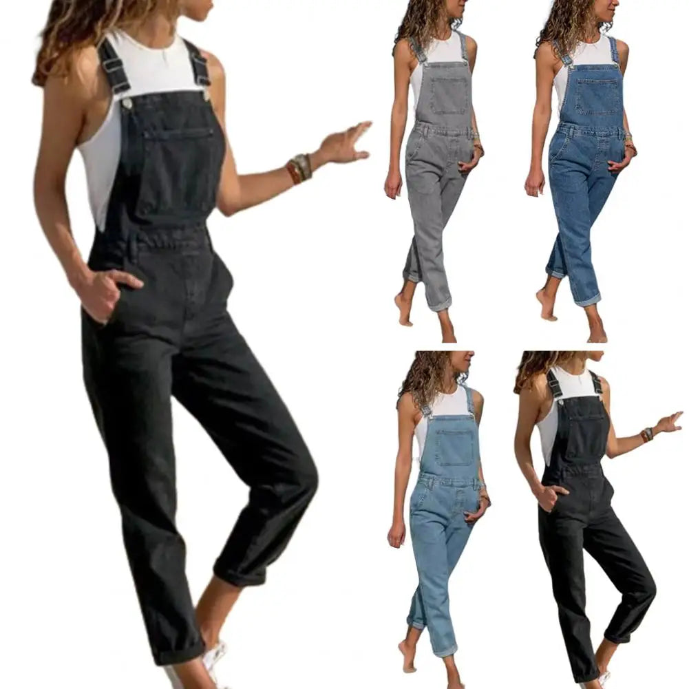 Denim Overalls with Pockets Distressed Denim Overalls Stylish Plus Size Denim Jumpsuit with Adjustable Straps Side Pockets