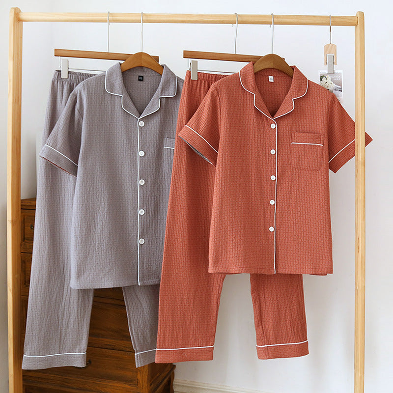 2025 New Japanese Spring/Summer Couple Pajama Set 100% Cotton Crepe Short Sleeve and Long Pants Two Piece Home Suit Thin Style