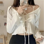 Casual Knitted Cardigan Women Fashion Thin Sunscreen Lace-Up Knitwear Tops Y2k Girls Korean Style Flare Sleeve Cropped Coat