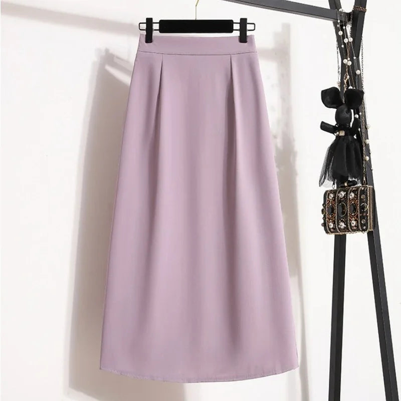 2025 Summer Female Fashionable Versatile Solid Skirts High Waisted Mid Length A-line Plus Size Skirt Split Wrap Body Skirt