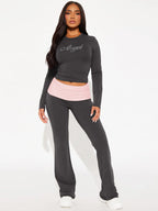 Dulzura Women'S Sexy Casual 2 Piece Pants Set Long Sleeve Letter Print Bodycon Crop Top And Flare Pants Matching Set Streetwear