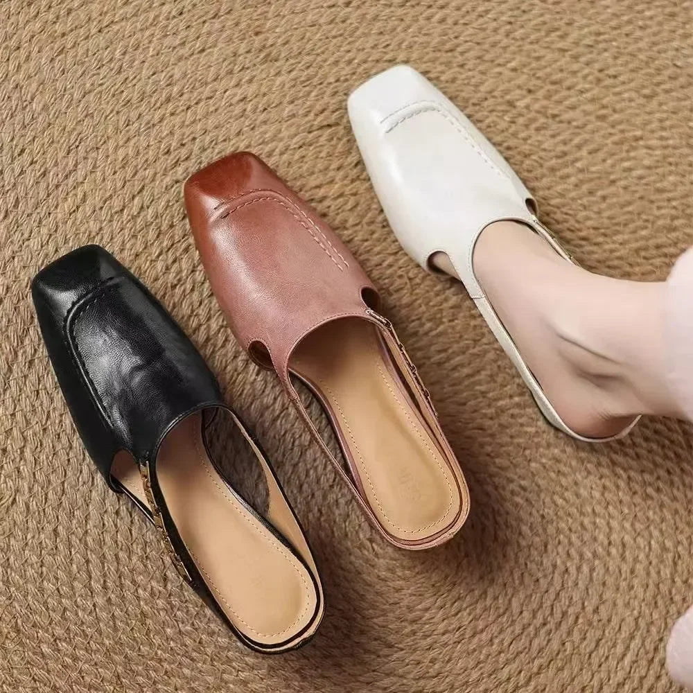 2025 New Retro Style Baotou Women's Sandals Half Slippers Square Toe Inside Heightening