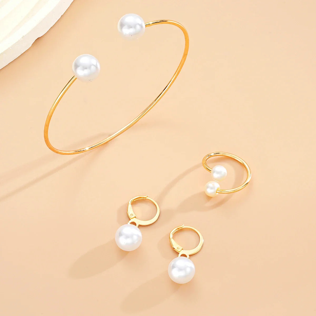 4Pcs/Set Simple Pearl Earrings Ring Bangle for Women Vintage Exquisite Gold Color Jewelry Set Female Wedding Party Jewelry Gifts