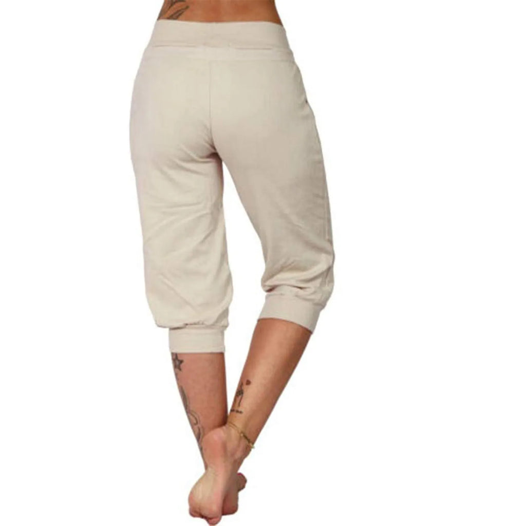 Classic Solid Color Jogging Pants Women Cotton Linen Capris Trousers Bandage Double Pocket Pants Summer Beach Vacation Wear