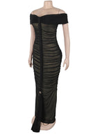 Beyprern Luxe Goddess Ruched Mesh Maxi Dress Elegant Women's Off Shoulder Pleated Bandage Beach Vacation Dress Holiday Outfits