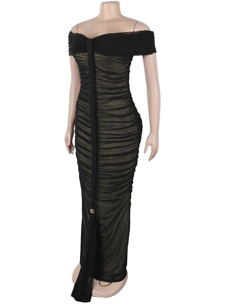 Beyprern Luxe Goddess Ruched Mesh Maxi Dress Elegant Women's Off Shoulder Pleated Bandage Beach Vacation Dress Holiday Outfits