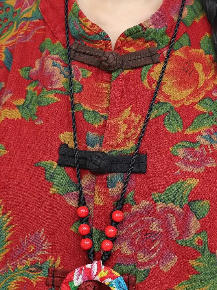 Artistic Large Floral Cotton Linen Chinese Style Button Embroidery Loose Casual Jumpsuit Women LX4344