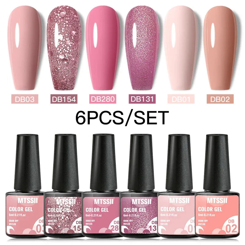 6PCS/SET Glitter Bright Pink Peach Gel Nail Polish Kit Spring Colorful Semi Permanent Soak Off Art UV Gel Varnish For Manicure