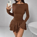 2025 Autumn Solid Slim Fit Cascading Ruffles Mini Dress Winter Women Elegant Flare Sleeve High Waist Sexy Party Bodycon Dresses