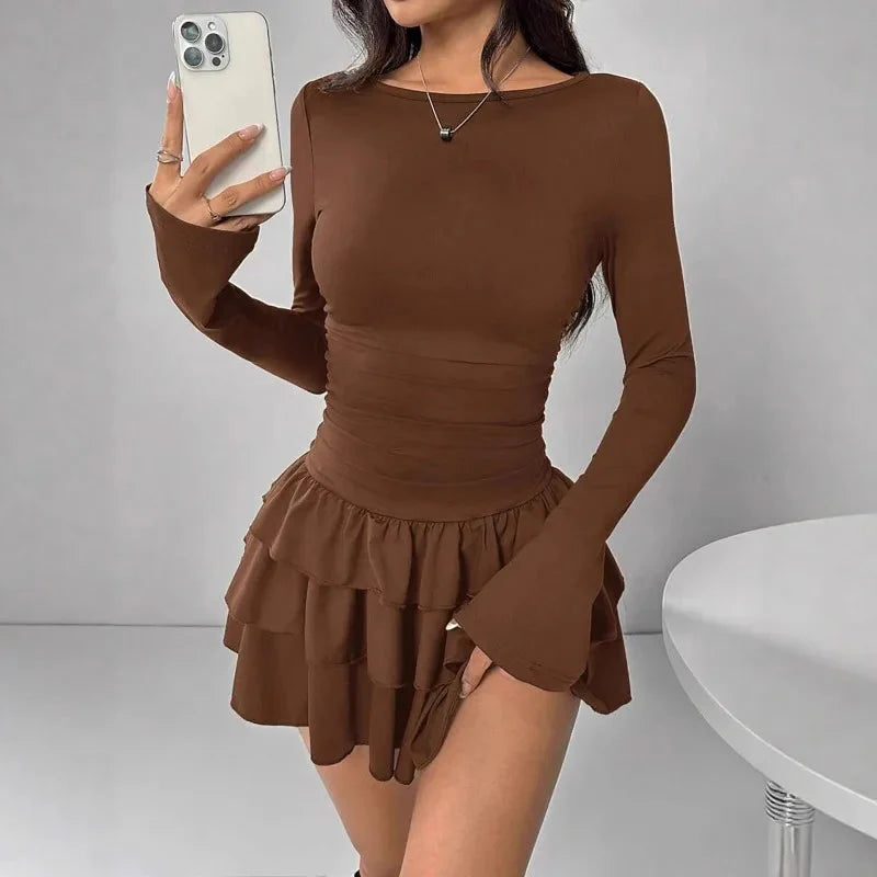 2025 Autumn Solid Slim Fit Cascading Ruffles Mini Dress Winter Women Elegant Flare Sleeve High Waist Sexy Party Bodycon Dresses