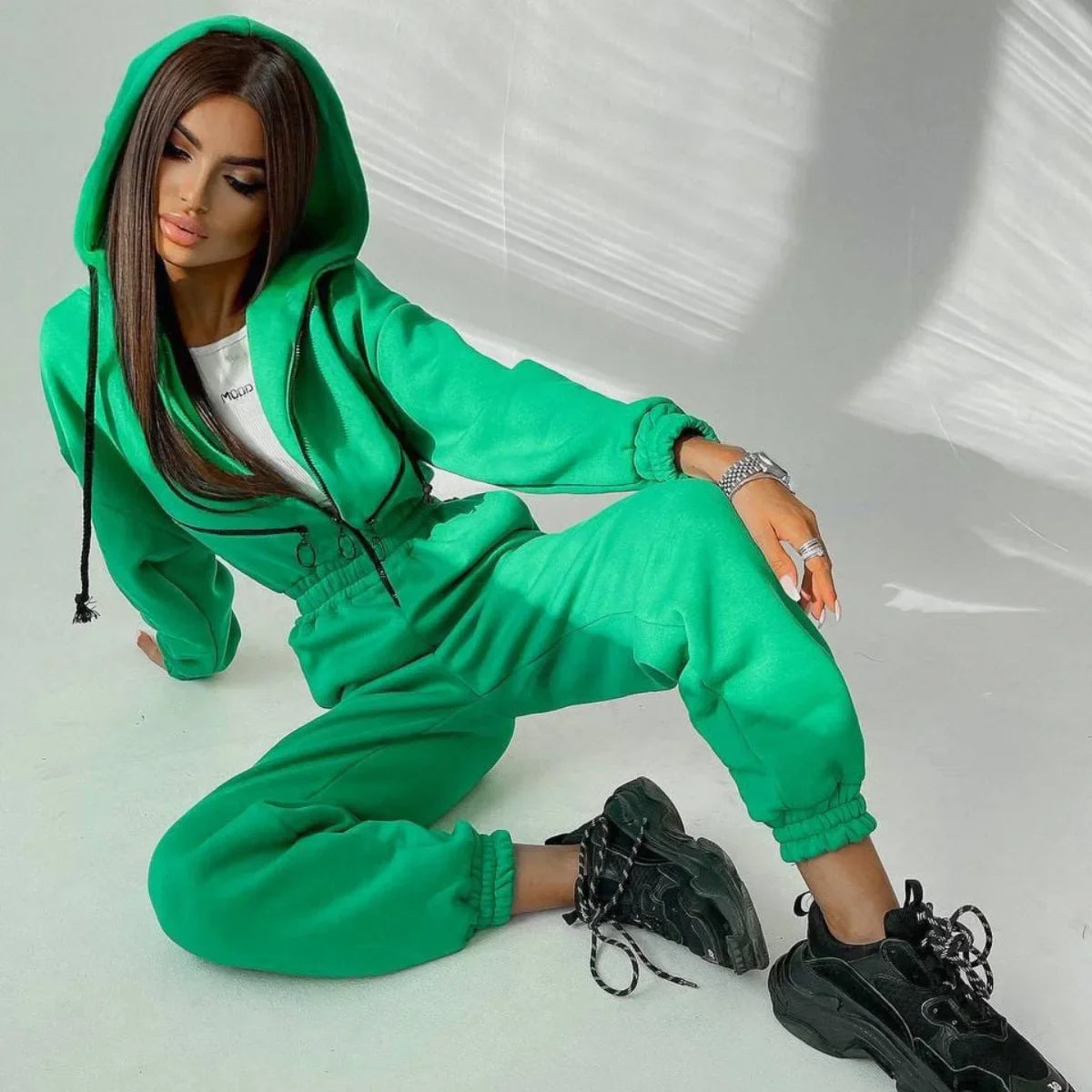 Autumn Women's Monochrome Long-Sleeved Jumpsuit Solid Color Zip-up Sportswear Female Winter Casual Tracksuit Fashionable Hoodies