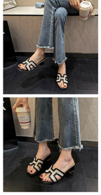 2025 Summer new arrival,fashion style grids high heel slippers for woman,thick heel outwear beach sandals for women