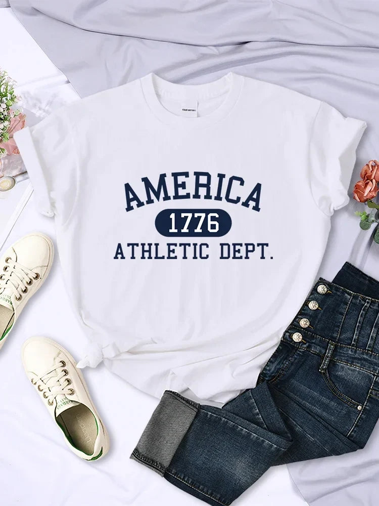America 1776 Athletic Dept Letter T-Shirt Female Sport Casual Crop Top Cool Hip Hop Tee Shirt Soft Breathable T Shirt Women