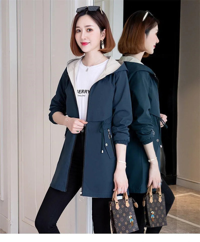 Double-Sided Trench Coat Women 2023New Fashion Spring Autumn Clothes Hooded Mid-Length Windbreakers Female Outerwear Casual Tops