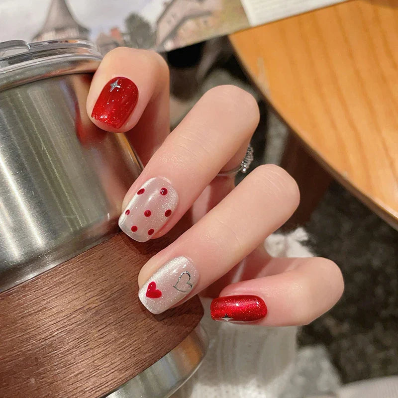 10Pcs Valentine's Day Handmade Nails Red Heart Polka Dot False Nail for Women&Girl Short Cat's Eye Detachable Wearable Nails