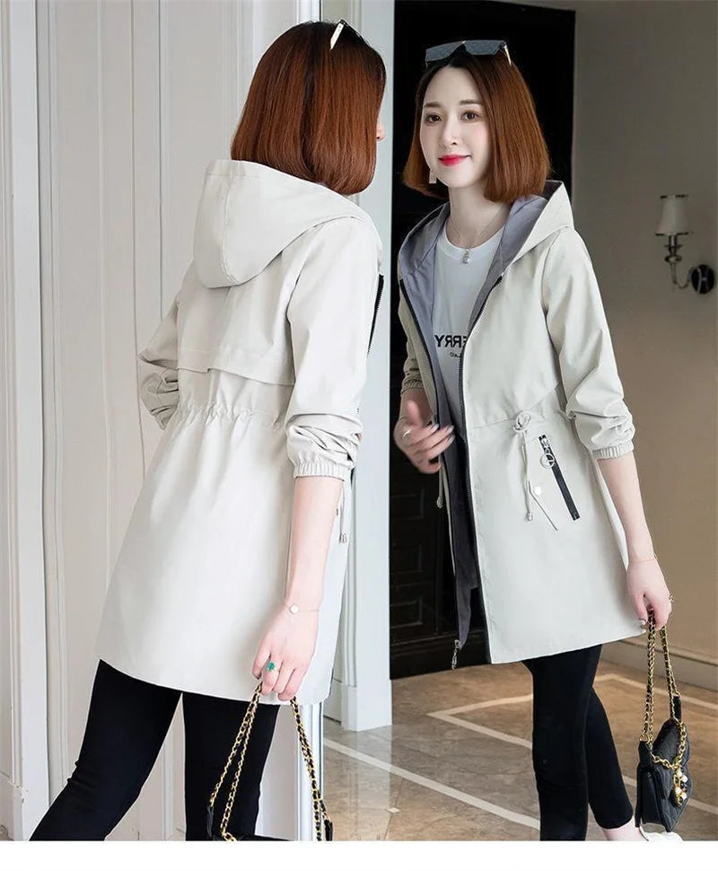 Double-Sided Trench Coat Women 2023New Fashion Spring Autumn Clothes Hooded Mid-Length Windbreakers Female Outerwear Casual Tops