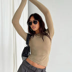 2024 Spring Autumn Women Y2K Pink T-Shirt Causal Long Sleeve Crop Tops O Neck Pullovers Base Tees Bodycon Slim Fit T Shirt