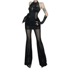 American Fashion Gothic Style Mesh Black Silk Sexy Trousers Suit Women's Summer Street Hip-hop Y2K Black Flared Pants