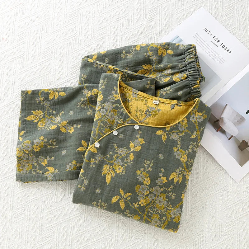 Chinese Style Women's Pajamas, Pure Cotton, Retro Color, Woven Jacquard, Home Clothing, Long Sleeves Trousers, Diagonal Collar