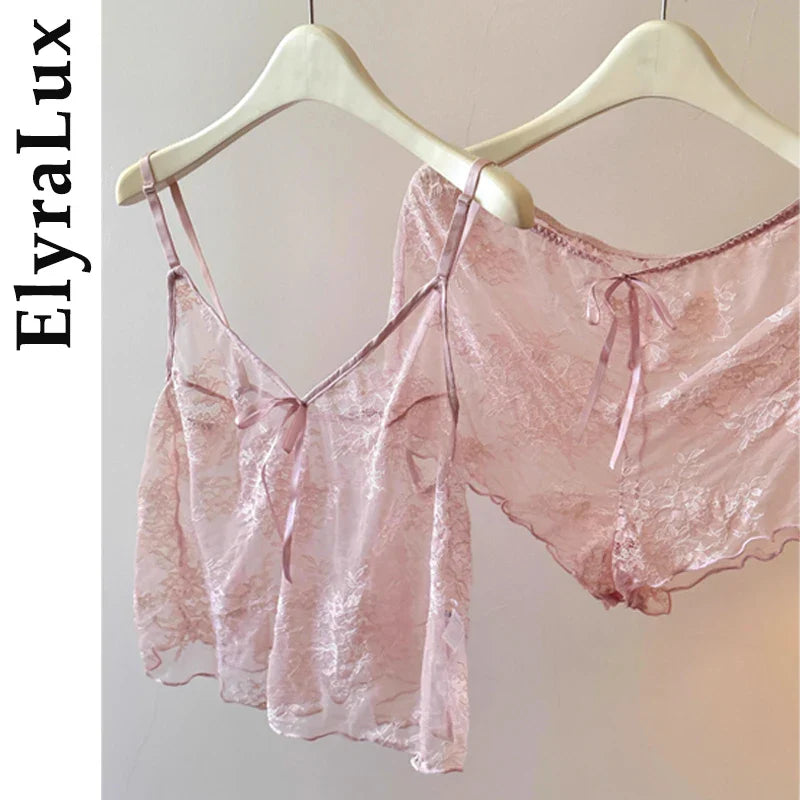 ElyraLux Women Harness Pajama Suspender Shorts for Women Pajamas Set Lace Silk Lingerie Pyjamas Shorts Set Pink lace pajamas