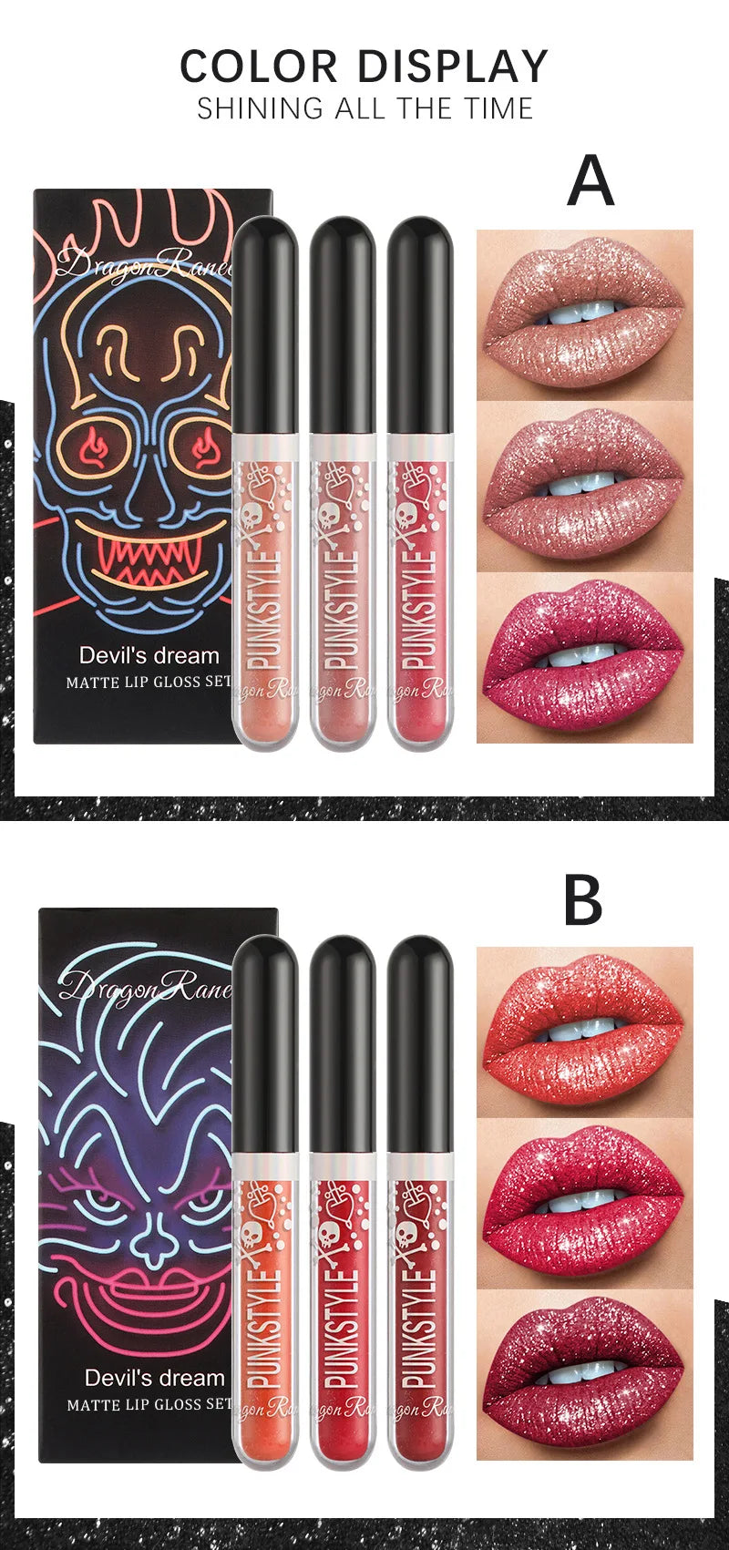 3pcs Glitter Lipstick Set Waterproof Sexy Blue Purple Black Lip Gloss Shiny Lip Tint Halloween Lip Makeup Tool Korean Cosmetics