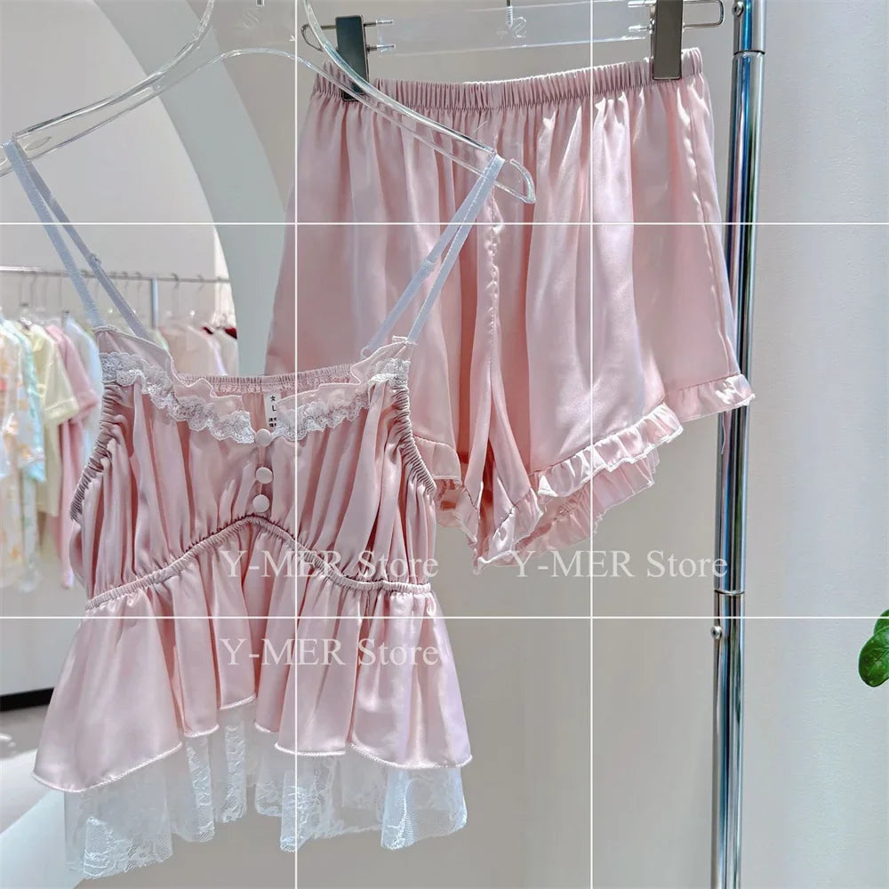 Blue Pajamas Set Elegant Home Clothes Ice Silk Sleepwear Women Loose Trousers Suit Four Seasons Loungewear Sexy Lace Nightgown