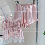 Blue Pajamas Set Elegant Home Clothes Ice Silk Sleepwear Women Loose Trousers Suit Four Seasons Loungewear Sexy Lace Nightgown