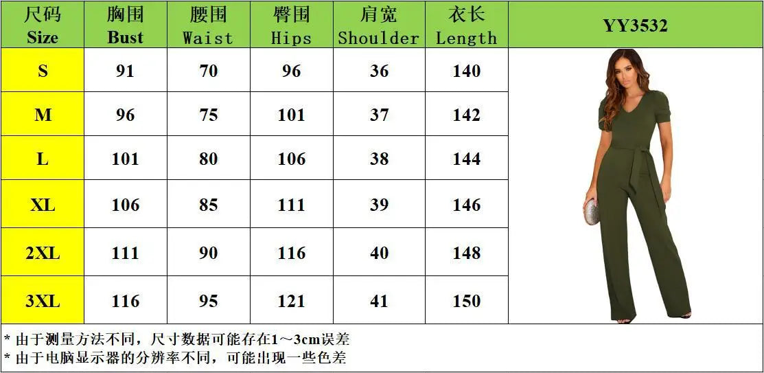 Elegant Women's Jumpsuits 2024 Summer Lace Up Waist  Solid V-Neck Short Sleeve Wide Leg Pants Female Commuter Office Plus Size