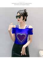 Aoxison Summer Short Sleeved Women's T-Shirt Elegant Slim Shiny Love Heart Diamonds Mesh Tops Chic Girl Sexy Off Shoulder Tees