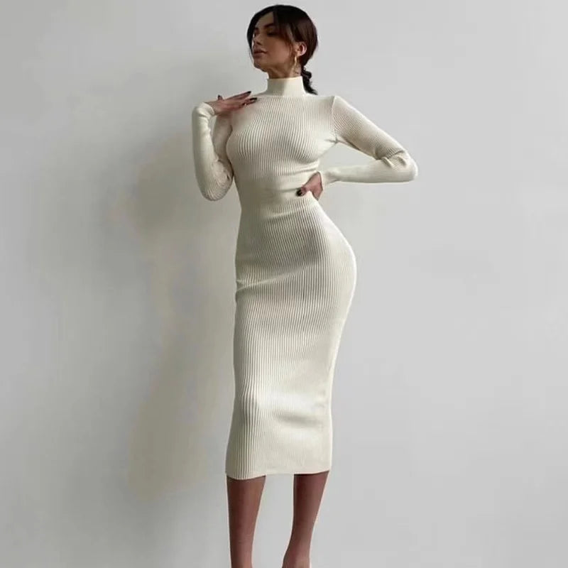 2024 New Autumn Knitted Turtleneck Dress Women Long Sleeve Bodycon Midi Dresses Female Elegant Fashion Solid Color Skinny Dress