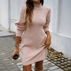 2025 Autumn Women Sweater Dresses Pearls Round Neck Long Sleeve Hip Wrap Dress Winter Elegant Ladies Casual Solid Slim Fit Dress