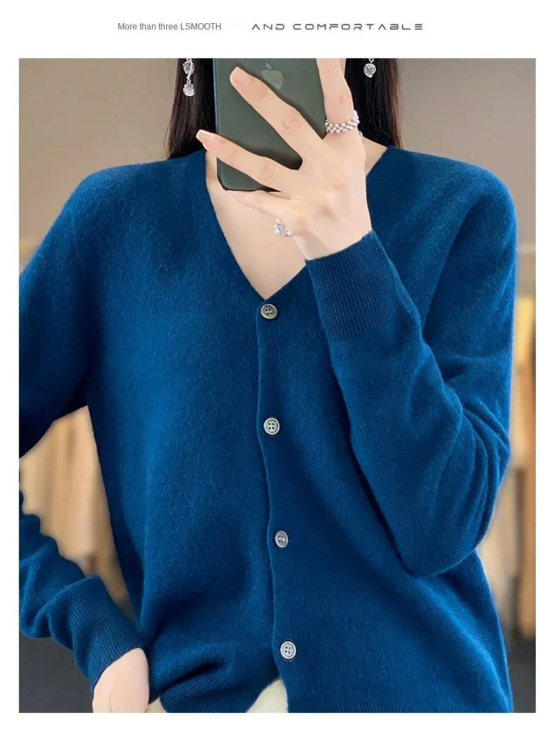 100 Merino Wool Knitted V-neck Sweater Women's Top Loose Korean Version Fashionable Versatile Autumn And Winter Cashmere Sweater