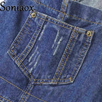 Casual Streetwear Hole Denim Jumpsuits Women 2024 Loose Suspenders Pocket Long Pants Waistline Straight Jeans Rompers
