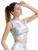 CHSDCSI Sexy Slim Shiny Sleeveless Vest Women High Street Tanks Summer Short Tops Fashion Punk Silver Gold Crop Clubwear