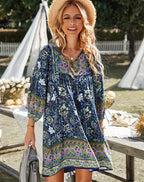 2025 Autumn Womens New Long-sleeved Bohemian Print V-neck Mini Dress For Women's Fashionable Temperament Comfortable Short Skirt