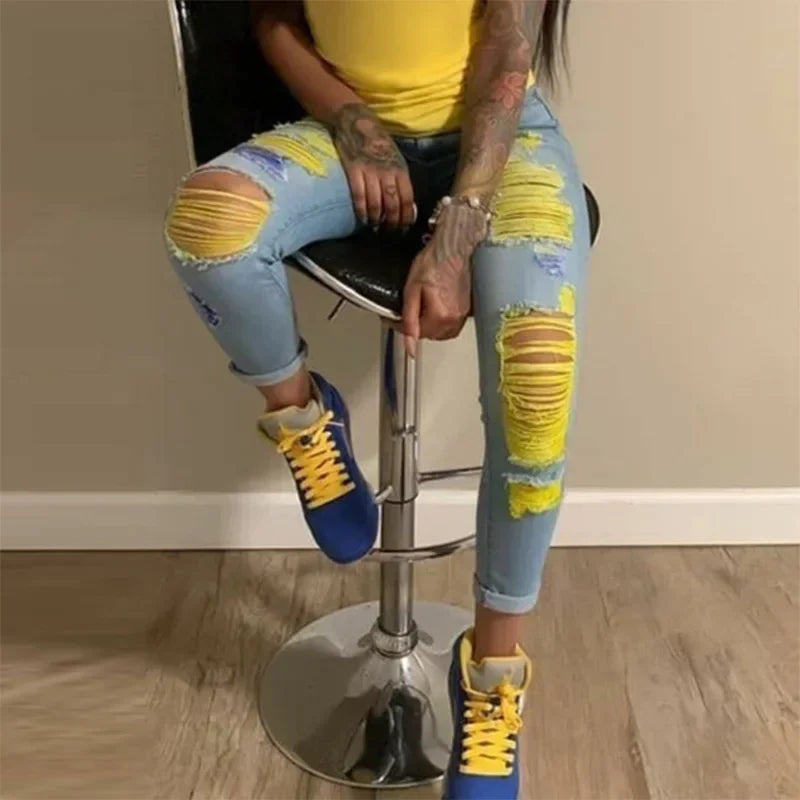 2025 New Ripped Jeans For Women Yellow Scratch Denim Pencil Pants High Waisted Stretch Skinny Hollow Out Sexy Female  Mujer